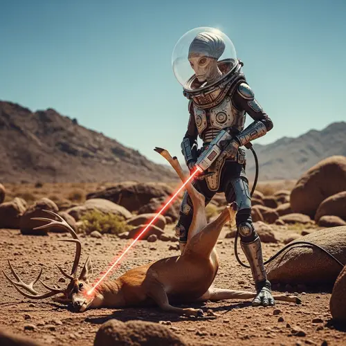 Alien in Transparent Helmet Lasers Deer's Legs - Rocky Landscape