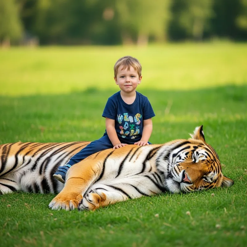 Young Boy Riding Majestic Tiger in Serene Meadow