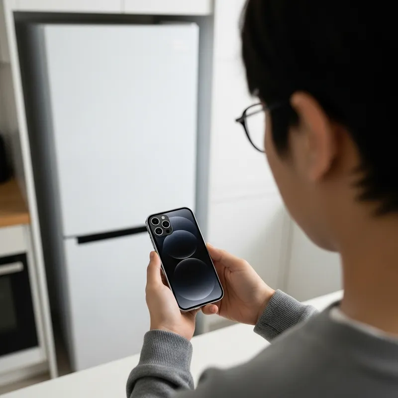 Man Holding iPhone 14 in Kitchen with White Refrigerator in Background