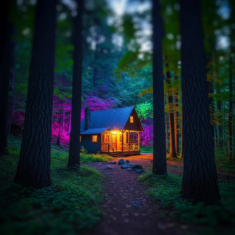Enchanted Cabin Amid Mystical Woodland | Vivid Colors & Ethereal Lighting