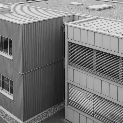 Minimalist School Building: Gray Wood and Metal Facades