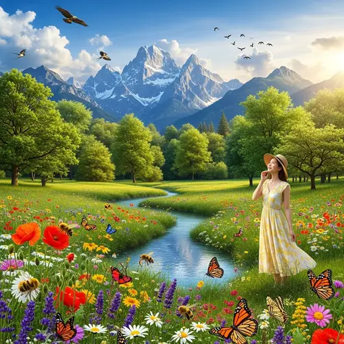 Diverse Natural Landscape with Wildflowers, Stream, and Asian Woman