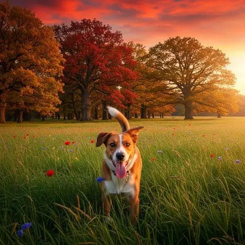 Adorable Dog Frolicking in Vast Green Field