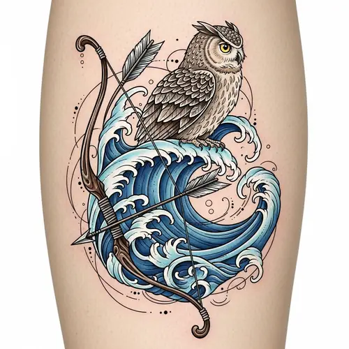 Wave, Owl, Bow & Arrow Tattoo Design