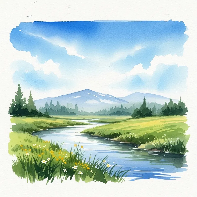 Tranquil Watercolor Landscape Creation: Scenic Meadow View