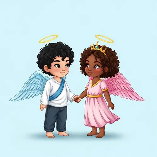 Serene Depiction of Asian Boy and Morena Girl with Angelic Wings