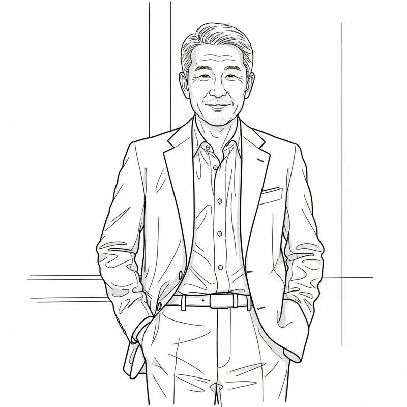 Casual Middle-Aged Asian Man in Suit - Line Art Casual Middle-Aged Asian Man in Suit - Line Art