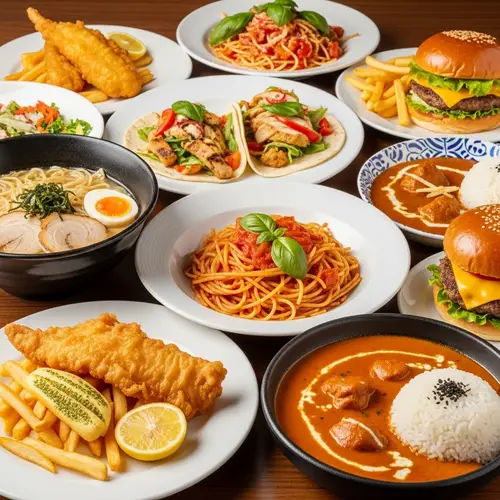 Global Cuisine Dishes: Ramen, Spaghetti, Tacos, Fish and Chips, Butter Chicken, Cheeseburger