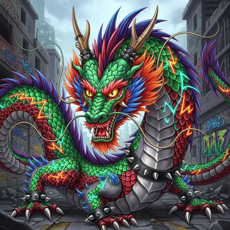 Punk Chinese Dragon in Dystopian Urban Landscape