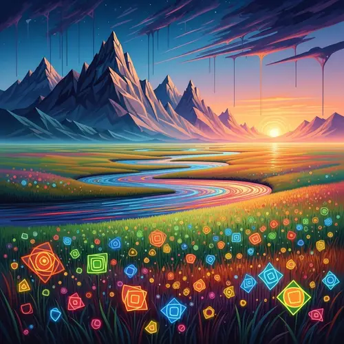 Abstract Landscape Art: Surreal Mountains, Meadow, River