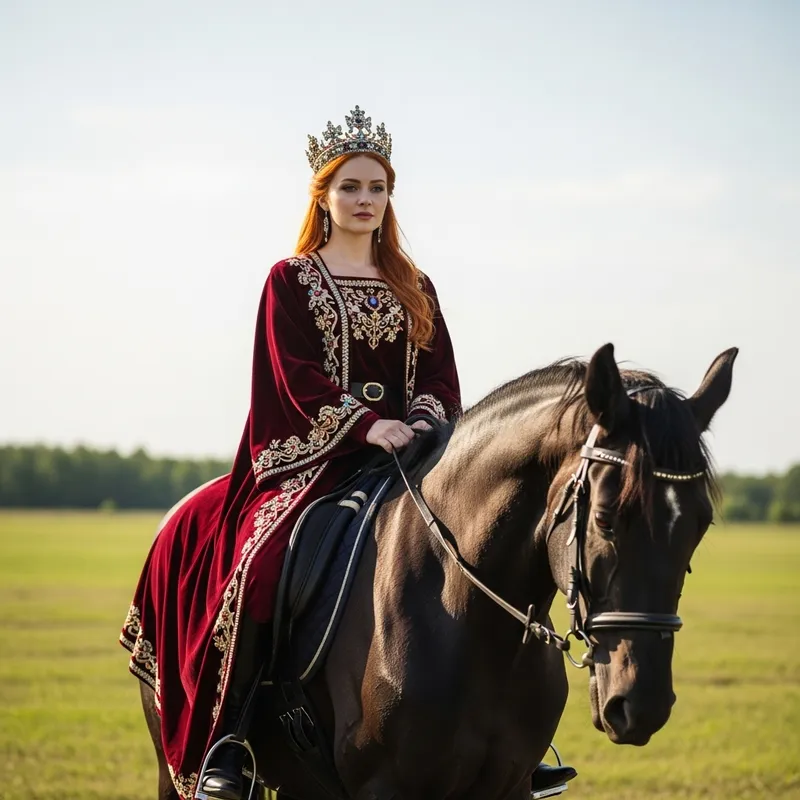 Red-Haired Queen with Black Horse