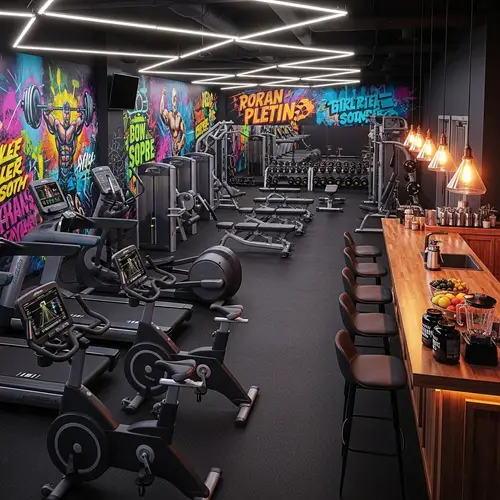 Vibrant Gym Interior with Fitness Murals and Workout Equipment