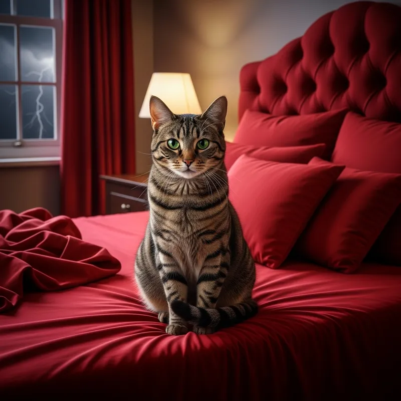 Cute Cat Sitting on Red Bed