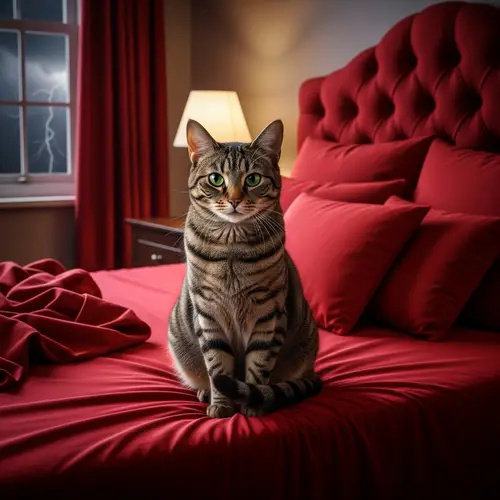 Cat Sitting on Red Bed