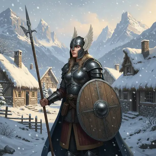 Caucasian Female Valkyrie in Snowy Nordic Village Scene