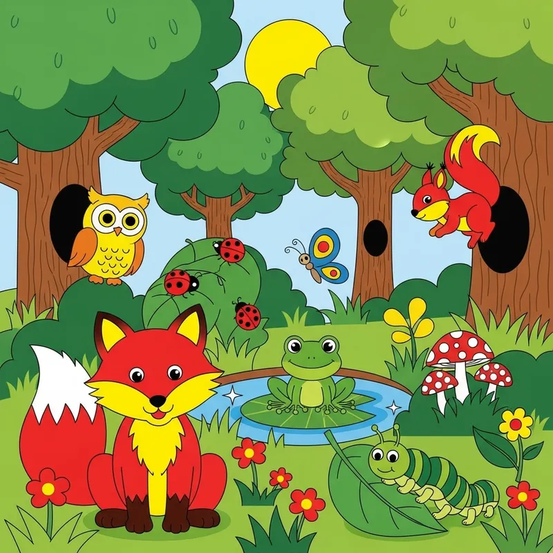 Vibrant Forest Scene with Diverse Wildlife for Preschoolers