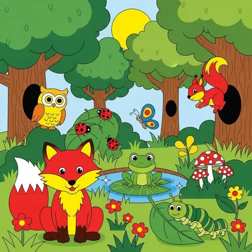Colorful Woodland Creatures Illustration for Pre-School Children