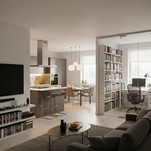 Luxurious Modern Apartment Living Room with Entertainment Area and Kitchen Island
