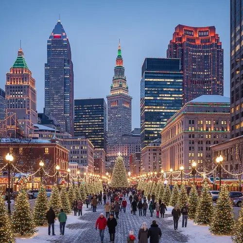 Postmodern Cleveland Skyline During Christmas | Terminal Tower & City Lights