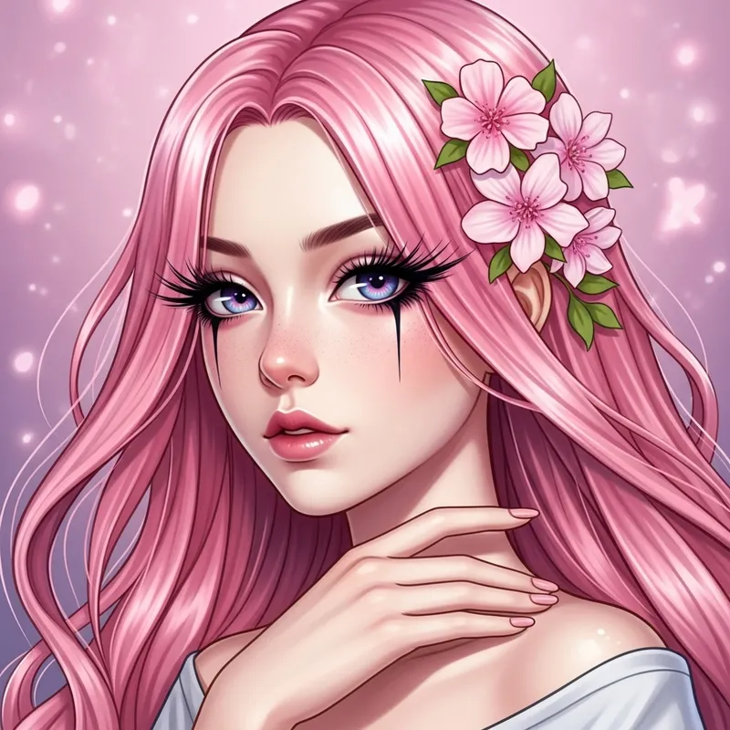 Intricate Anime Portrait of Female with Pink Hair and Flowers | 4k Digital Painting