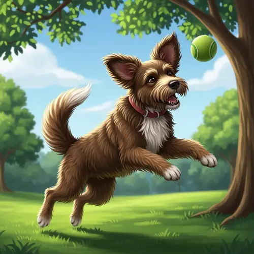 Playful Medium-Sized Brown Dog Catching Ball in Green Park