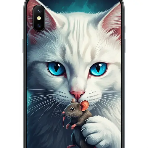 Vibrant Digital Painting of White Cat with Blue Eyes Holding Mouse