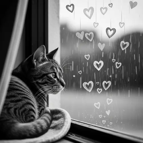 Tranquil Black and White Hearts Rain Pattern with Content Cat