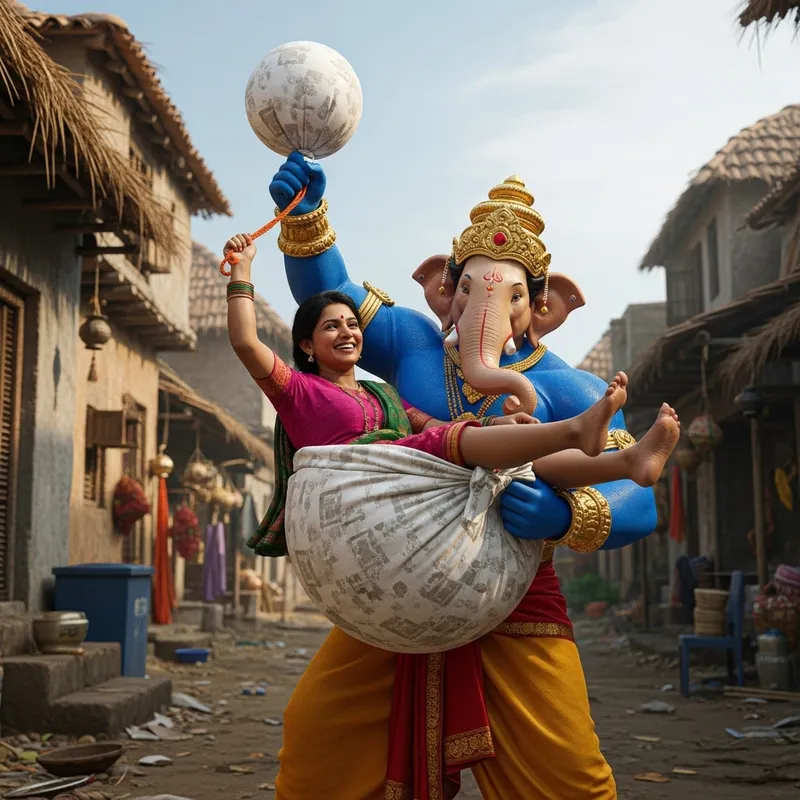 Ganesha Superhero in Indian Village: Playful Joy Scene Ganesha Superhero in Indian Village: Playful Joy Scene
