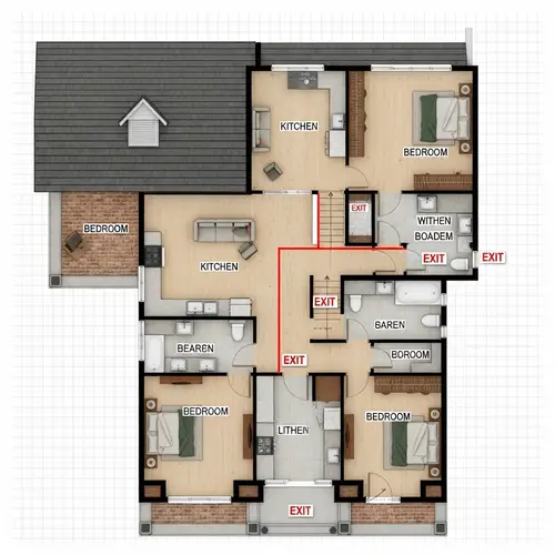 Traditional House Floor Plan with Emergency Exit Pathways