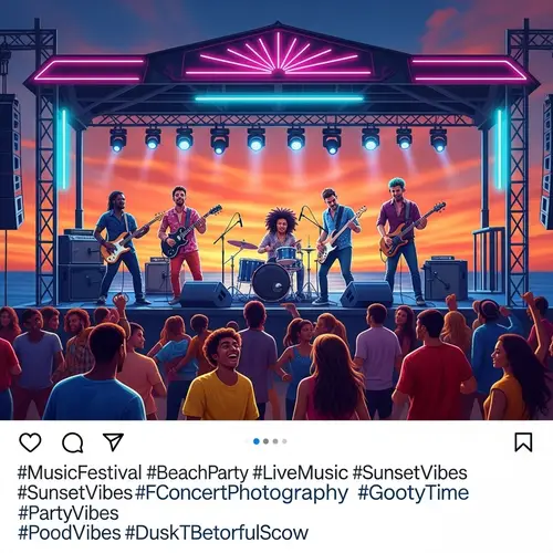 Music Festival on Beach at Dusk: Diverse Live Band & Vibrant Crowd