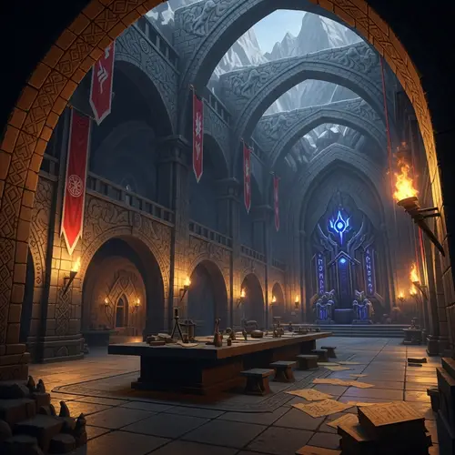 Dwarven Hall Interior: Mythical Carvings & Stone Pillars