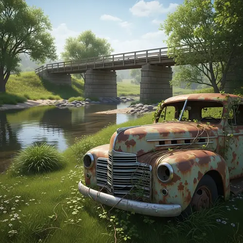 Tranquil Rural Scene with Weathered Bridge and Abandoned Vehicle