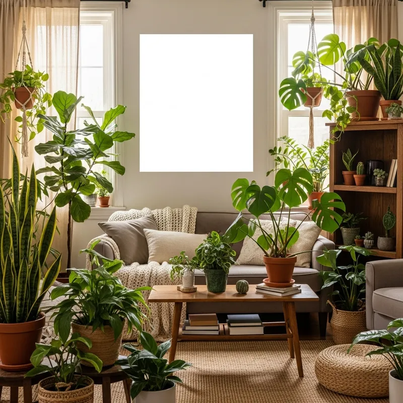 Authentic Living Room with Houseplants and White Square Poster - Interior Design