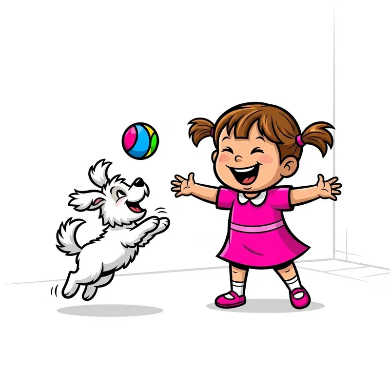 Cute Cartoon of Girl Playing with Dog