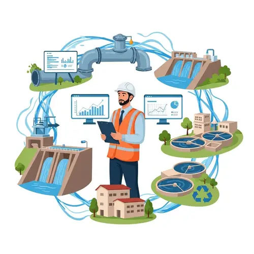 Water Utility Management Framework with Male Engineer Analyzing Data