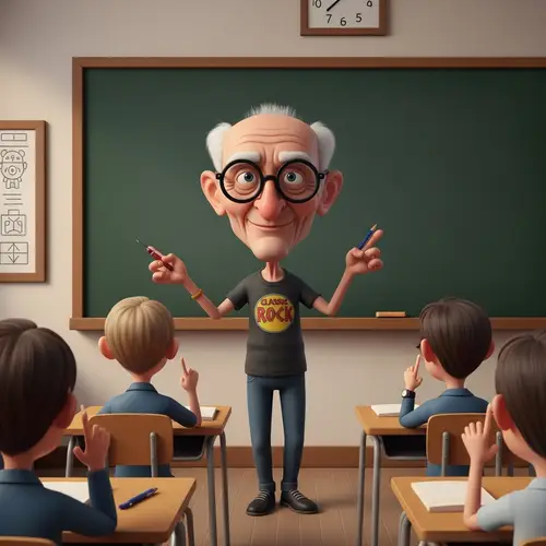 Elderly Educator in Playful Animation Style | Classic Rock Theme