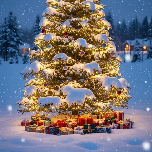 Wintry Christmas Scene with Decorated Fir Tree and Presents