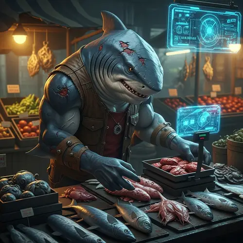 Futuristic Shark-Humanoid in Dystopian Market | Fresh Fish Vendor