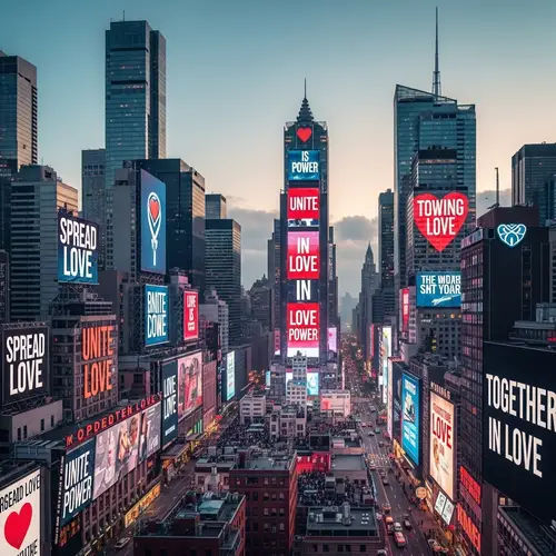 Unity and Love Messages in Vibrant Cityscape