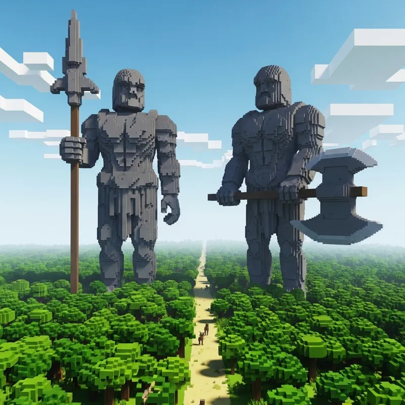 Voxel Art: Massive Statues with Spear and Ax Blocking Path by Forest Voxel Art: Massive Statues with Spear and Ax Blocking Path by Forest