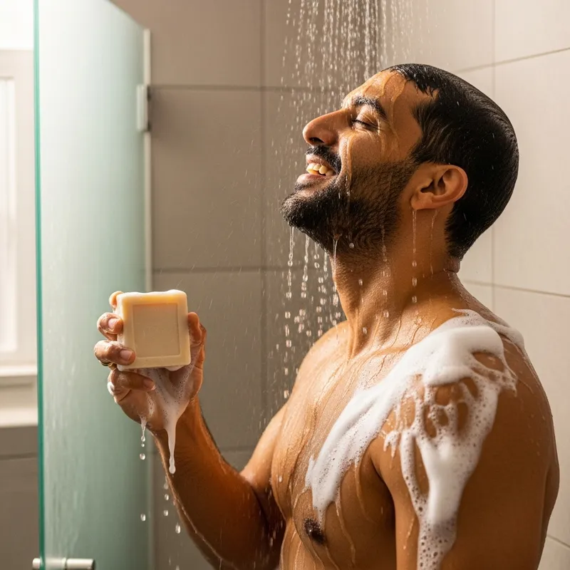 Middle-Eastern Man Enjoying Shower with Square Bar Soap