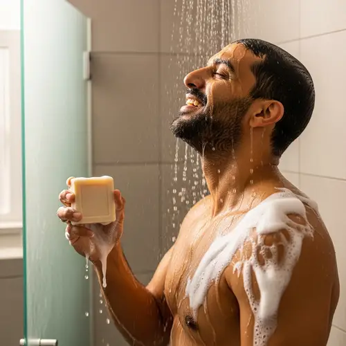 Middle-Eastern Man in 30s Enjoying Shower with Natural Soap