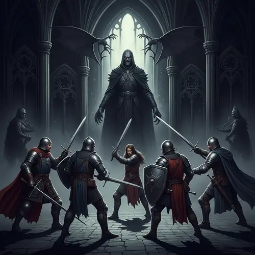 Gothic Medieval Fantasy Album Cover with Heroes and Villain