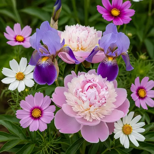 Botanical Composition with Peony, Iris, Cosmos, and Daisy