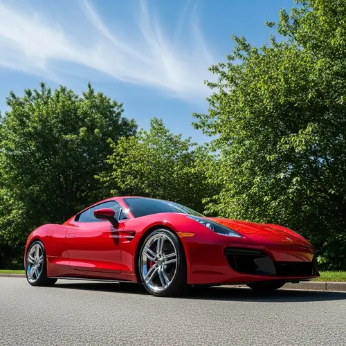 Sleek Red Sports Car Sparkling on Gray Asphalt Road
