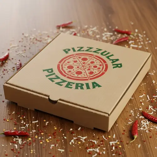 Fictional Pizzeria's Box: Local Brand Logo on Wooden Table