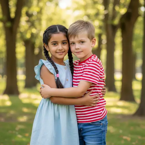 Innocent Friendship: Middle-Eastern Girl and Caucasian Boy Cuddle in Park