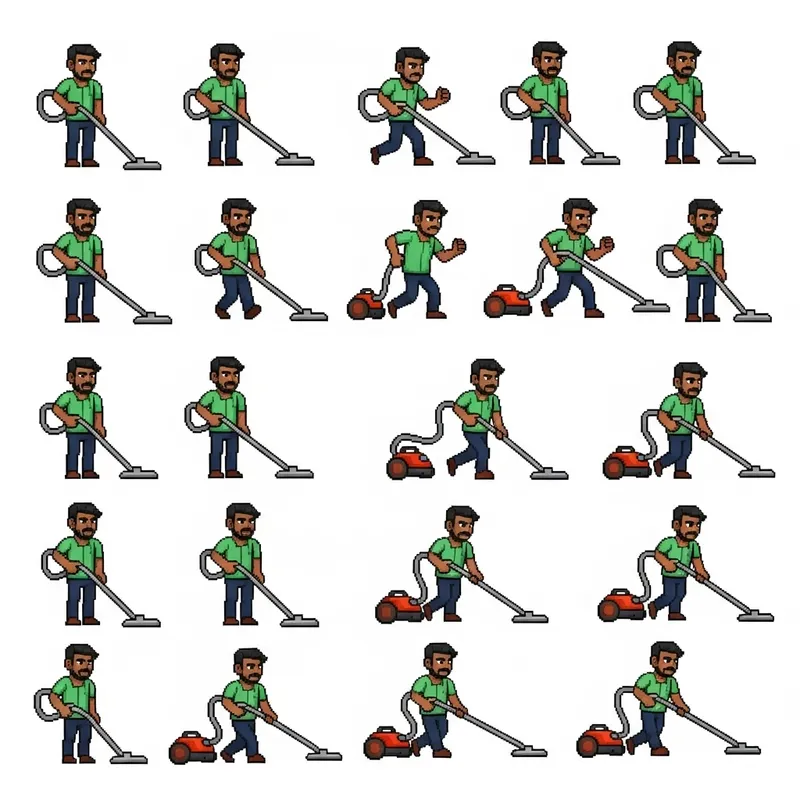 Pixel Art Vacuum Cleaner Character Sheet of South Asian Man