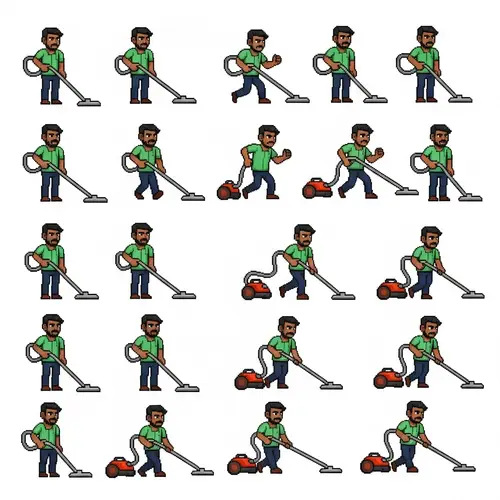 Pixel Art South Asian Man Vacuum Cleaner Character Sheet for Video Game