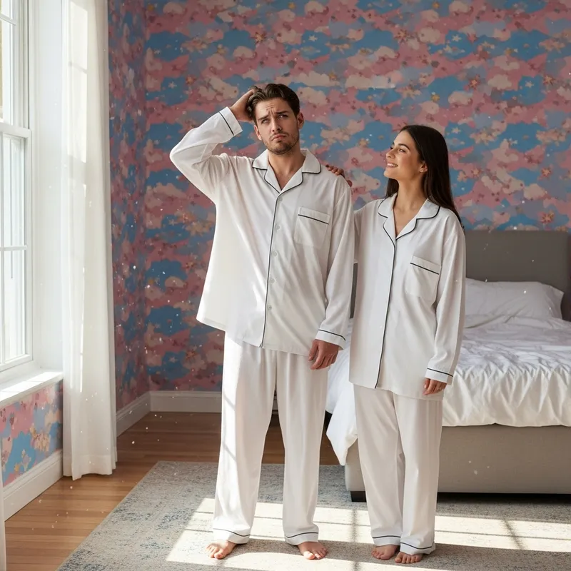Confused Couple in Playful Pajamas - A Fun Riddle
